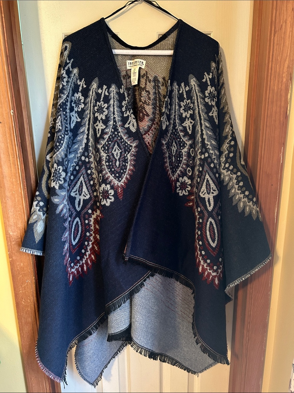 Idyllwind Navy Poncho with Cream & Burgundy Pattern